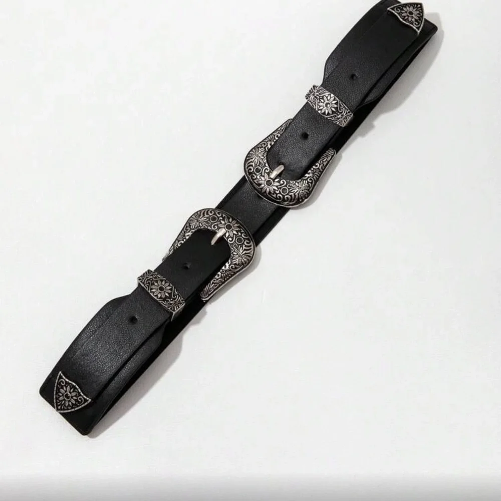 Black Western Vegan Leather Double Buckle Belt